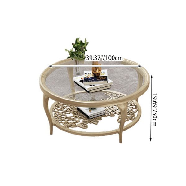 Traditional European Reinforced Glass Wood Round Openwork Carved Coffee Table 2-Tier For Living Room - Image 10