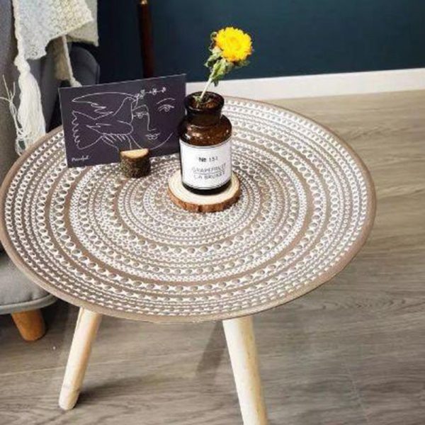 Contemporary Nordic MDF Pine Wood Round Sun Flower Shell Pattern Cement Bead Coffee Table 1-Tray For Living Room - Image 13