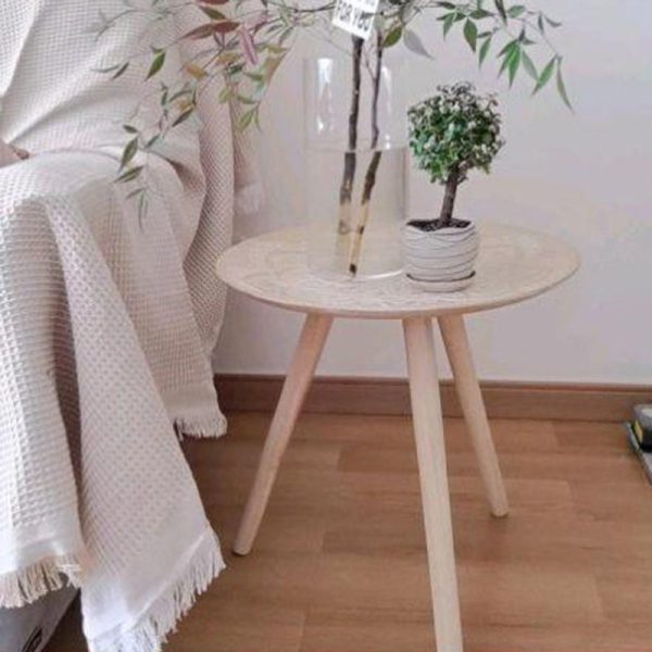 Contemporary Nordic MDF Pine Wood Round Sun Flower Shell Pattern Cement Bead Coffee Table 1-Tray For Living Room - Image 5