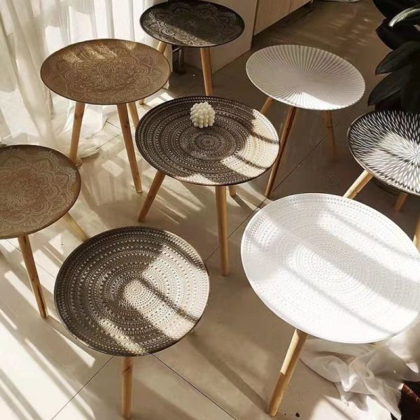 Contemporary Nordic MDF Pine Wood Round Sun Flower Shell Pattern Cement Bead Coffee Table 1-Tray For Living Room
