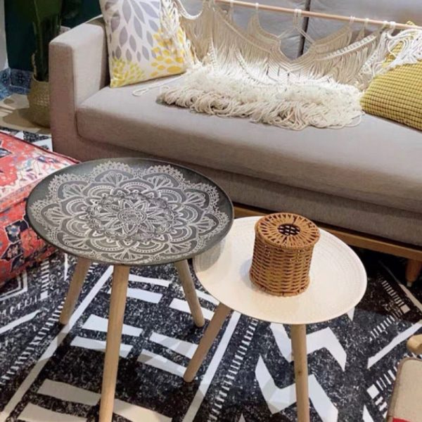 Contemporary Nordic MDF Pine Wood Round Sun Flower Shell Pattern Cement Bead Coffee Table 1-Tray For Living Room - Image 18