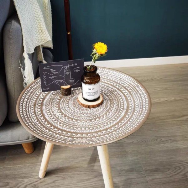 Contemporary Nordic MDF Pine Wood Round Sun Flower Shell Pattern Cement Bead Coffee Table 1-Tray For Living Room - Image 19