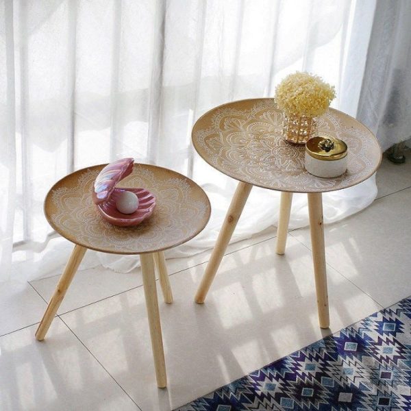 Contemporary Nordic MDF Pine Wood Round Sun Flower Shell Pattern Cement Bead Coffee Table 1-Tray For Living Room - Image 2
