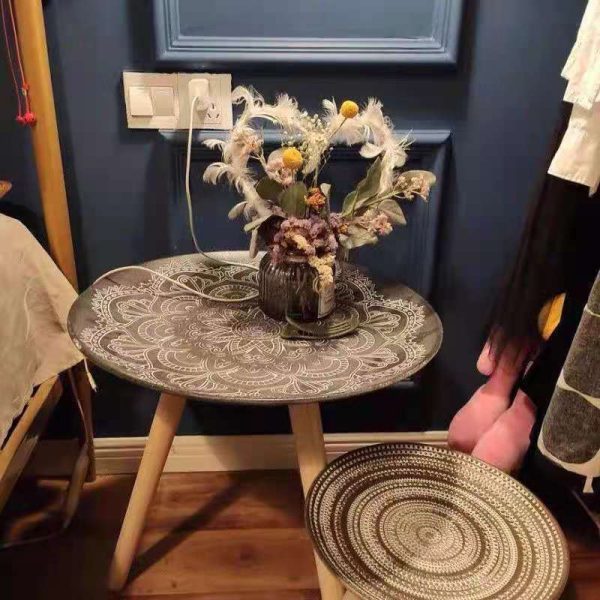 Contemporary Nordic MDF Pine Wood Round Sun Flower Shell Pattern Cement Bead Coffee Table 1-Tray For Living Room - Image 6