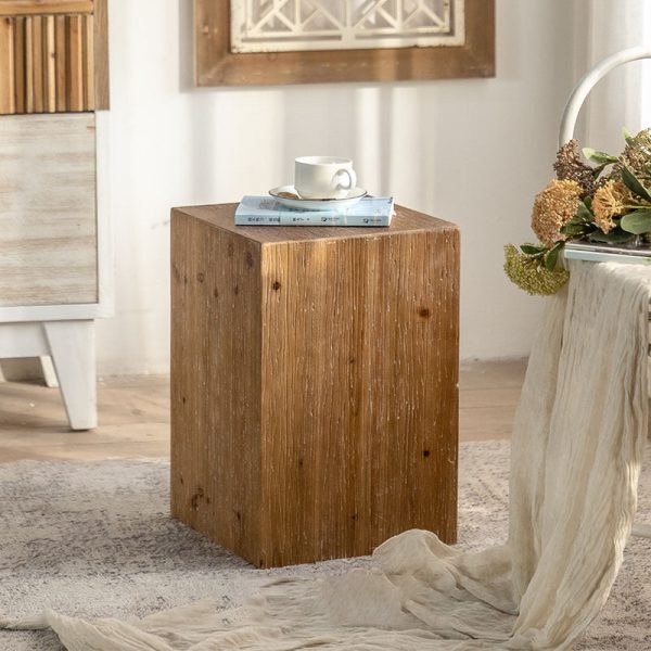 Traditional Vintage Cedarwood Cylinder Square Wood Grain End Table For Living Room - Image 3