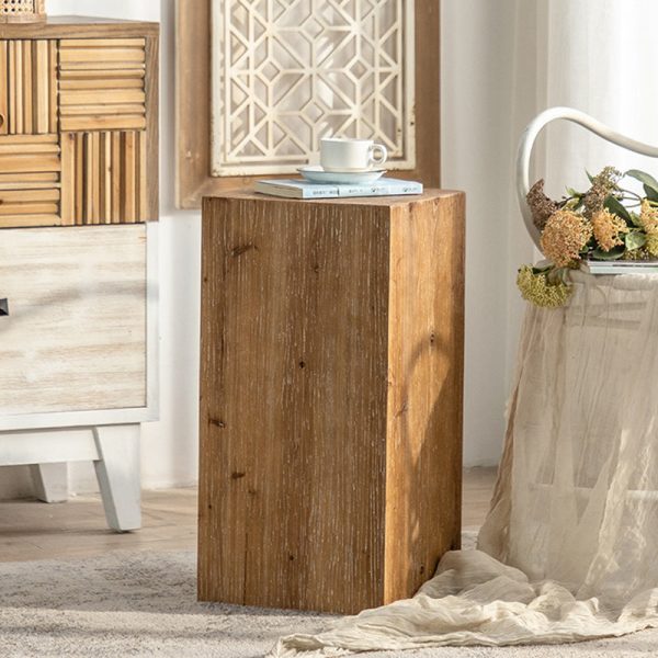 Traditional Vintage Cedarwood Cylinder Square Wood Grain End Table For Living Room - Image 4