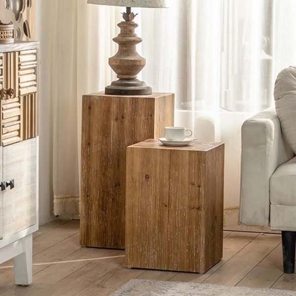 Traditional Vintage Cedarwood Cylinder Square Wood Grain End Table For Living Room
