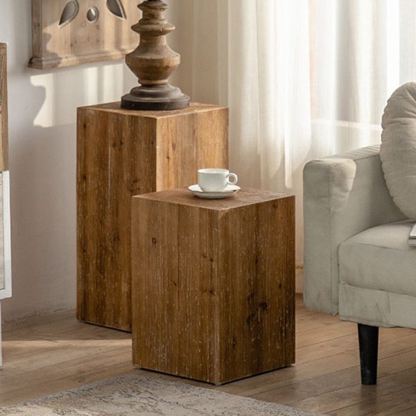 Traditional Vintage Cedarwood Cylinder Square Wood Grain End Table For Living Room - Image 5