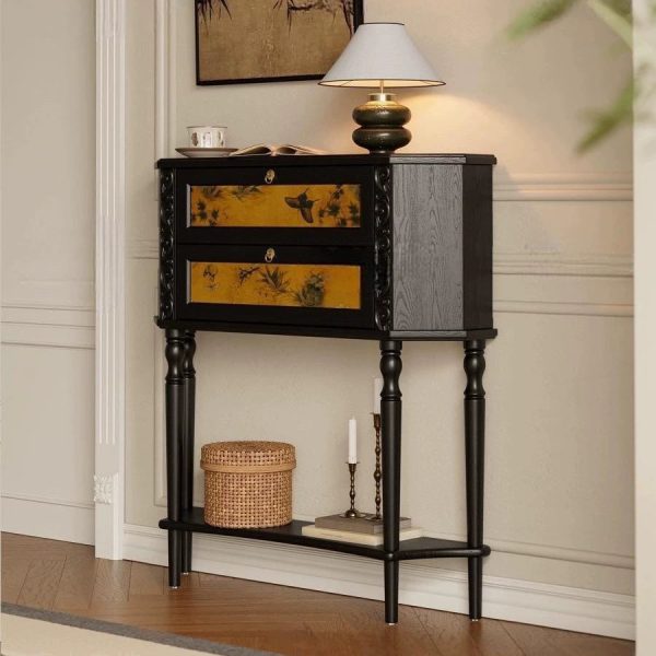 Traditional French Ash Wood Muslin Trapezoidal Carved Side Table 2-Cabinet For Entryway - Image 2