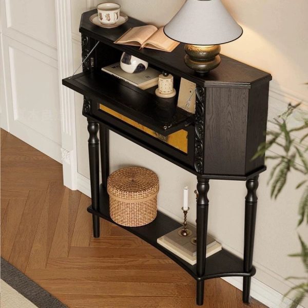 Traditional French Ash Wood Muslin Trapezoidal Carved Side Table 2-Cabinet For Entryway - Image 5