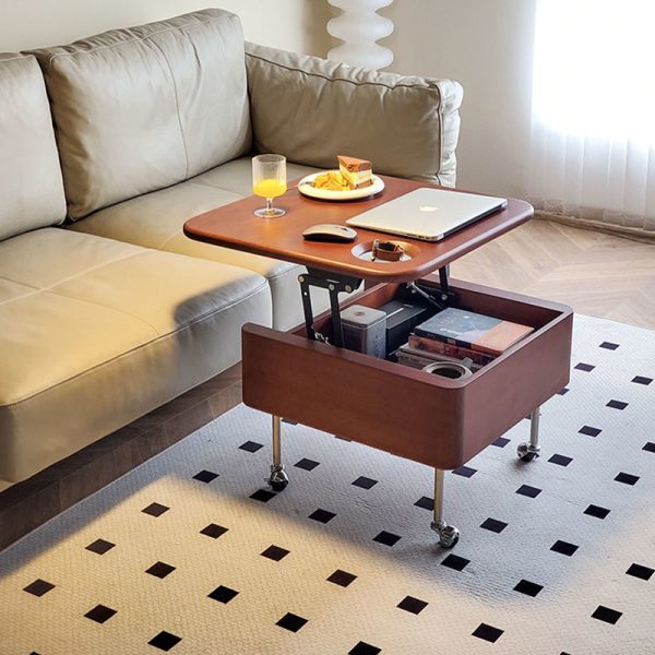 Contemporary Retro Rubber Wood Stainless Steel Hardware Square Liftable Movable Coffee Table 1-Storage For Living Room - Image 3