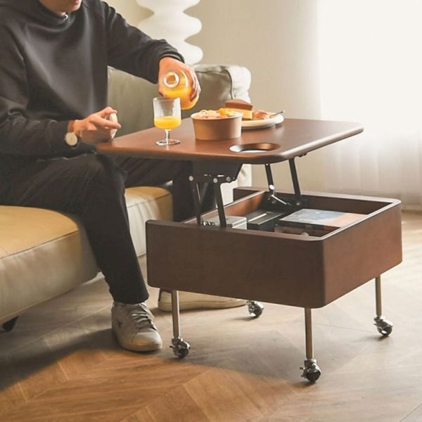 Contemporary Retro Rubber Wood Stainless Steel Hardware Square Liftable Movable Coffee Table 1-Storage For Living Room - Image 16
