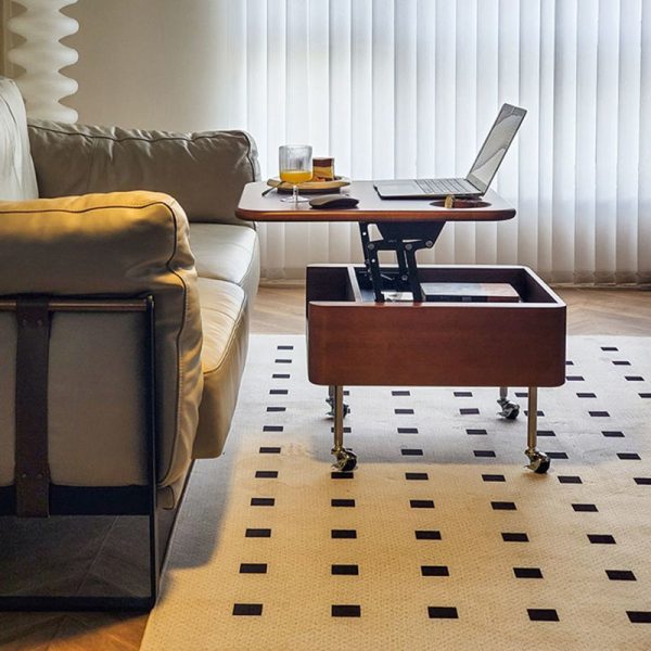 Contemporary Retro Rubber Wood Stainless Steel Hardware Square Liftable Movable Coffee Table 1-Storage For Living Room - Image 19