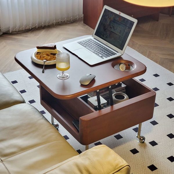 Contemporary Retro Rubber Wood Stainless Steel Hardware Square Liftable Movable Coffee Table 1-Storage For Living Room - Image 18