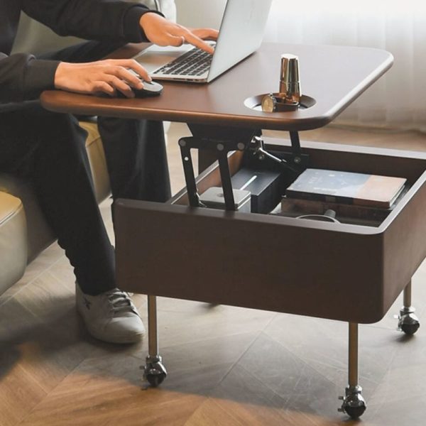 Contemporary Retro Rubber Wood Stainless Steel Hardware Square Liftable Movable Coffee Table 1-Storage For Living Room - Image 14