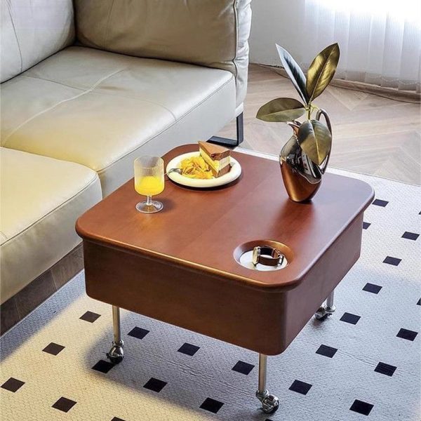 Contemporary Retro Rubber Wood Stainless Steel Hardware Square Liftable Movable Coffee Table 1-Storage For Living Room - Image 2