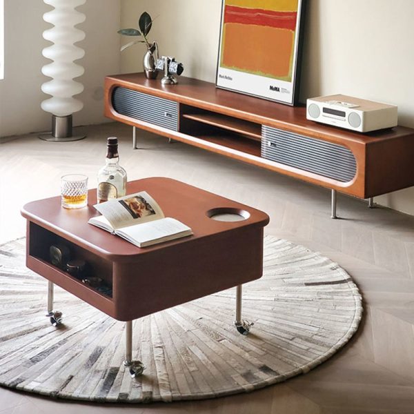 Contemporary Retro Rubber Wood Stainless Steel Hardware Square Liftable Movable Coffee Table 1-Storage For Living Room - Image 4