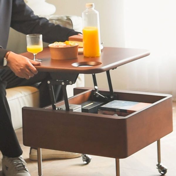 Contemporary Retro Rubber Wood Stainless Steel Hardware Square Liftable Movable Coffee Table 1-Storage For Living Room - Image 15