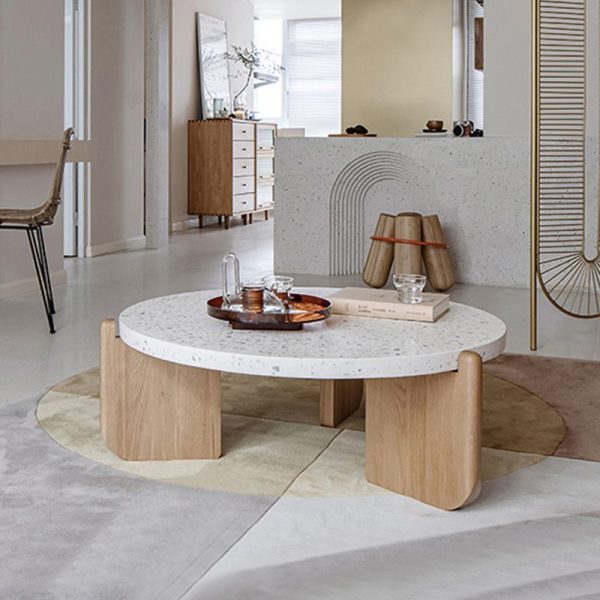 Contemporary Nordic Wood Terrazzo Round Coffee Table Combination For Living Room - Image 4