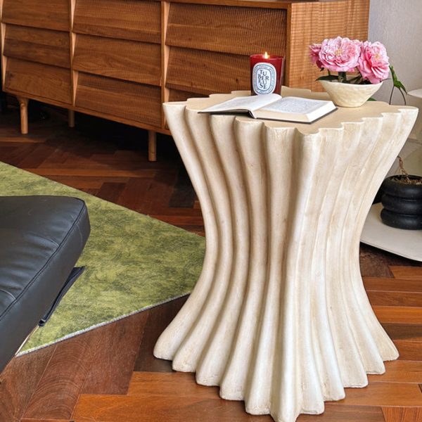 Contemporary Retro Magnesium Oxide Cookie Striped Column End Table 1-Tray For Living Room