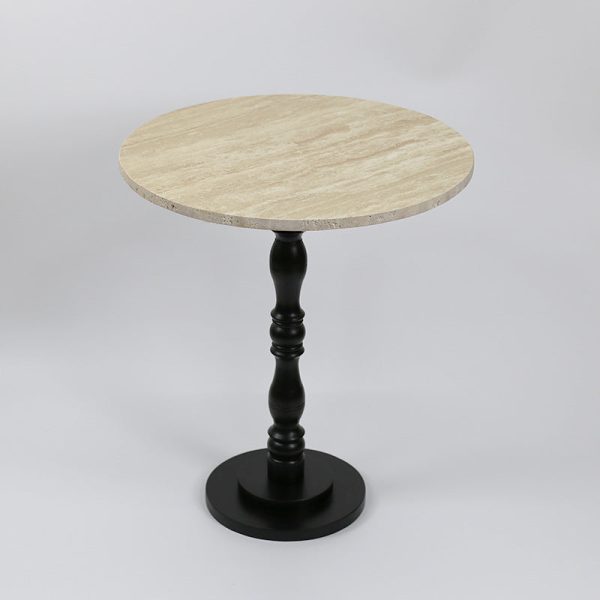 Contemporary Scandinavian Round Roman Column Terrazzo Travertine Wood End Table For Living Room - Image 2