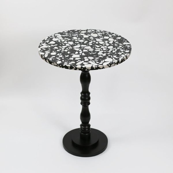 Contemporary Scandinavian Round Roman Column Terrazzo Travertine Wood End Table For Living Room - Image 3
