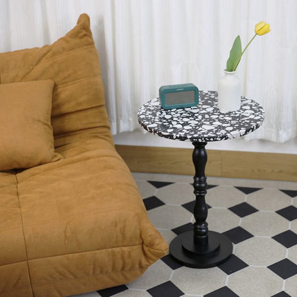 Contemporary Scandinavian Round Roman Column Terrazzo Travertine Wood End Table For Living Room - Image 4