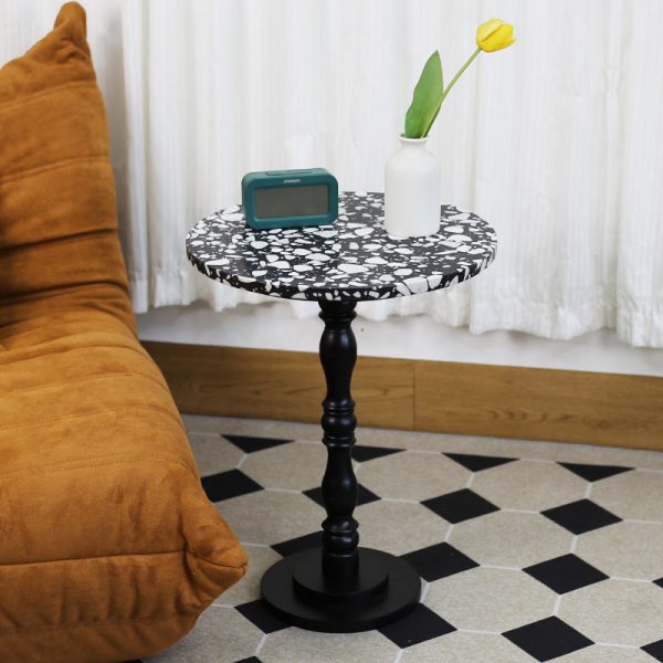 Contemporary Scandinavian Round Roman Column Terrazzo Travertine Wood End Table For Living Room - Image 6
