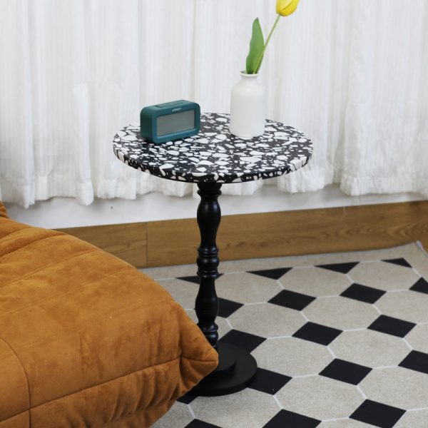 Contemporary Scandinavian Round Roman Column Terrazzo Travertine Wood End Table For Living Room - Image 5