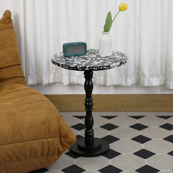 Contemporary Scandinavian Round Roman Column Terrazzo Travertine Wood End Table For Living Room - Image 7