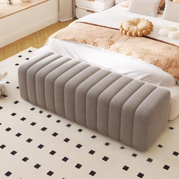 Contemporary Nordic Wood And Velvet Rectangular Bench Chair For Entryway Bedroom Living Room - Image 19