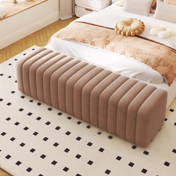 Contemporary Nordic Wood And Velvet Rectangular Bench Chair For Entryway Bedroom Living Room - Image 23
