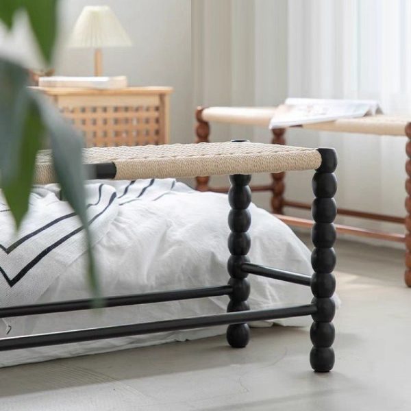 Traditional Vintage Rope Wood Rectangular Low Stool For Bedroom And Living Room - Image 16