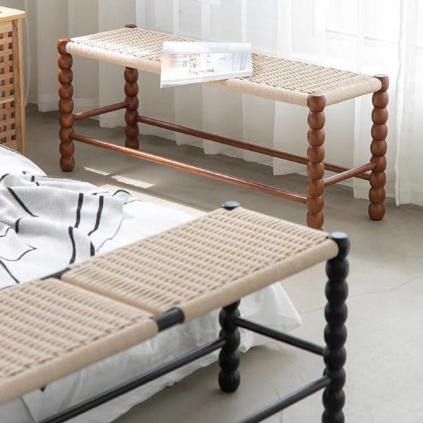 Traditional Vintage Rope Wood Rectangular Low Stool For Bedroom And Living Room