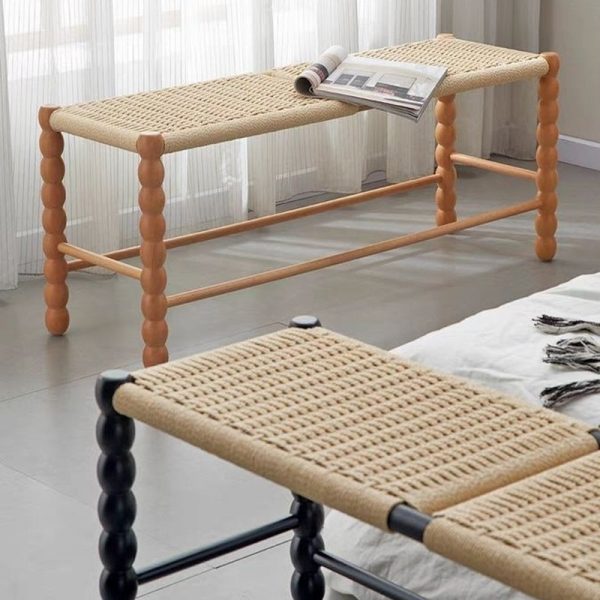 Traditional Vintage Rope Wood Rectangular Low Stool For Bedroom And Living Room - Image 3