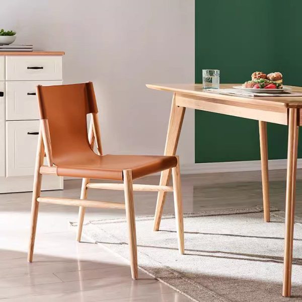 Modern Minimalist Saddle Leather & Wood Curved Square Dining Chair For Dining Room And Living Room