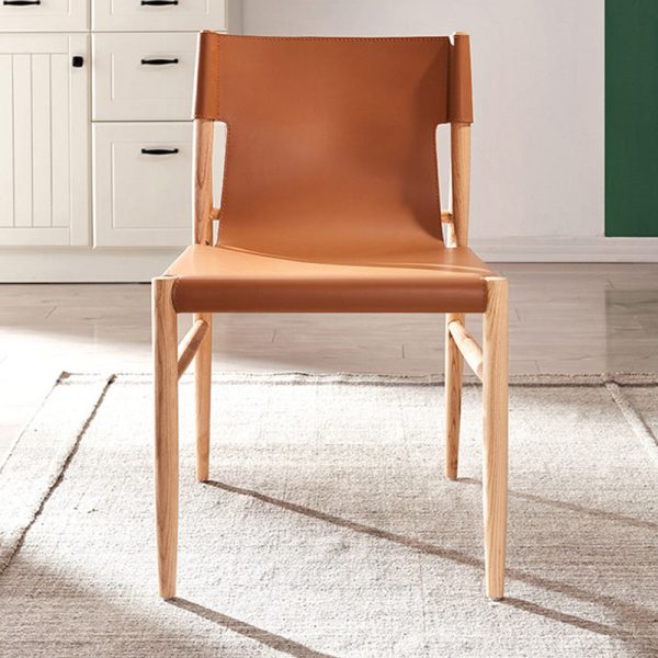 Modern Minimalist Saddle Leather & Wood Curved Square Dining Chair For Dining Room And Living Room - Image 9
