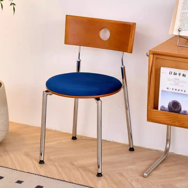 Traditional Vintage Velvet Wood & Stainless Steel Curved Round Dining Chair For Bedroom, Living Room And Kitchen