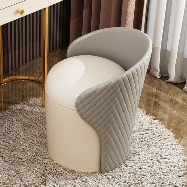 Modern Minimalist Leather & Wood Curved Cylinder Vanity Stool With Backrest For Bedroom & Living Room - Image 2