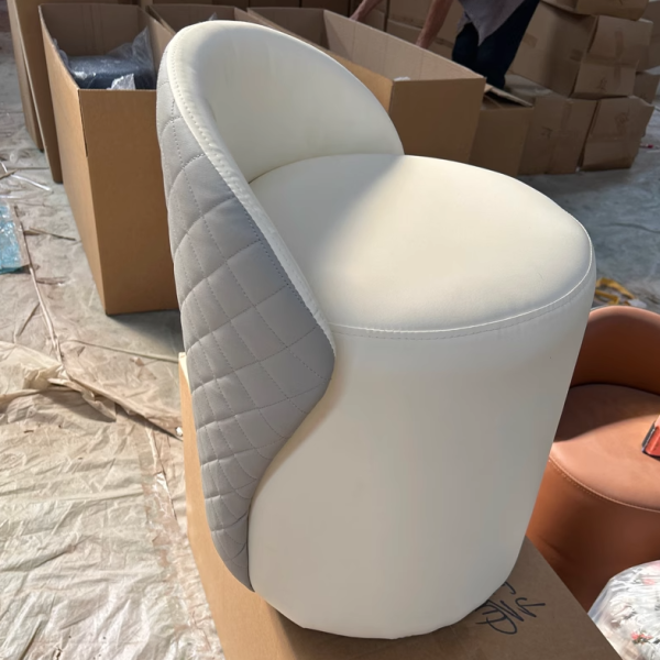 Modern Minimalist Leather & Wood Curved Cylinder Vanity Stool With Backrest For Bedroom & Living Room - Image 11