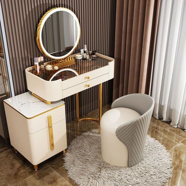 Modern Minimalist Leather & Wood Curved Cylinder Vanity Stool With Backrest For Bedroom & Living Room