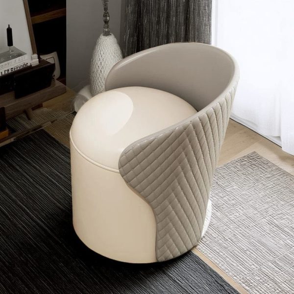 Modern Minimalist Leather & Wood Curved Cylinder Vanity Stool With Backrest For Bedroom & Living Room - Image 3