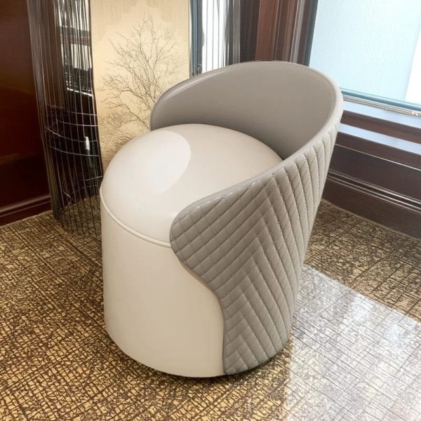 Modern Minimalist Leather & Wood Curved Cylinder Vanity Stool With Backrest For Bedroom & Living Room - Image 5
