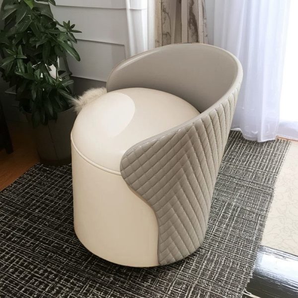 Modern Minimalist Leather & Wood Curved Cylinder Vanity Stool With Backrest For Bedroom & Living Room - Image 6