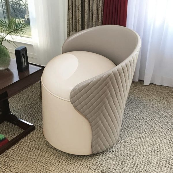 Modern Minimalist Leather & Wood Curved Cylinder Vanity Stool With Backrest For Bedroom & Living Room - Image 7