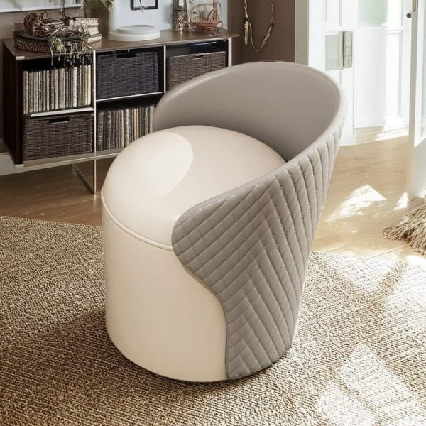 Modern Minimalist Leather & Wood Curved Cylinder Vanity Stool With Backrest For Bedroom & Living Room - Image 8