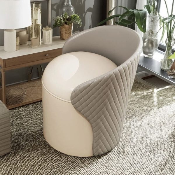 Modern Minimalist Leather & Wood Curved Cylinder Vanity Stool With Backrest For Bedroom & Living Room - Image 9