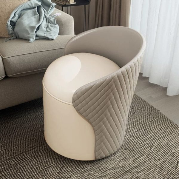 Modern Minimalist Leather & Wood Curved Cylinder Vanity Stool With Backrest For Bedroom & Living Room - Image 10