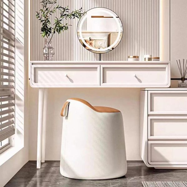 Modern Minimalist Leather & Wood Cylindrical Vanity Stool For Bedroom & Living Room - Image 2