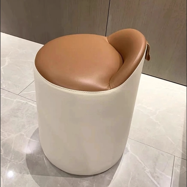 Modern Minimalist Leather & Wood Cylindrical Vanity Stool For Bedroom & Living Room - Image 11